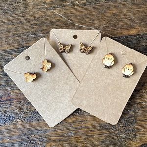 Set of 3 homemade wood earrings bees chicks butterflies